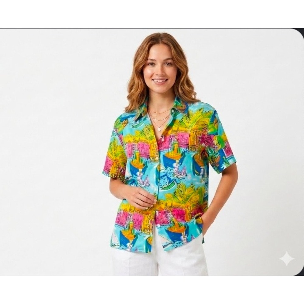 Carlie's Court Multicolor Harbor Print Shirt Size S Coastal Scenic Button Down